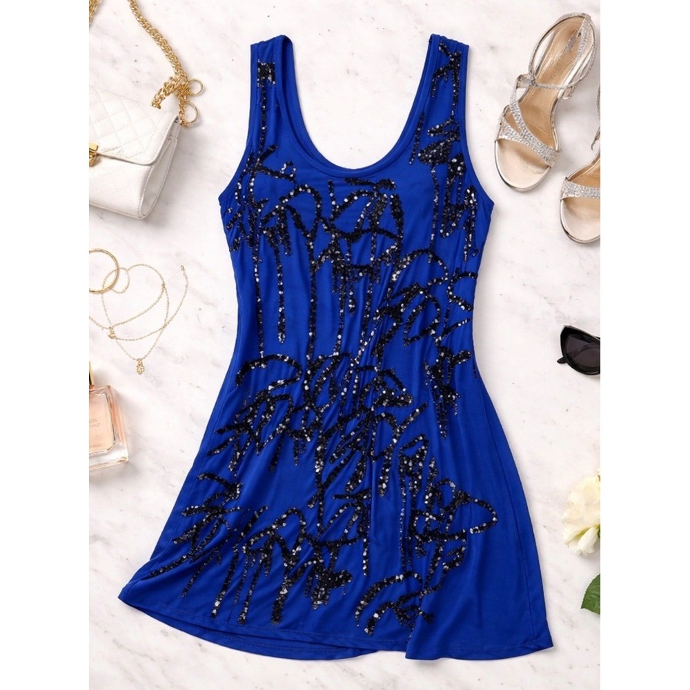 Nicole‎ Miller Blue Silk Sequin Graffiti Mini Dress Sleeveless Racerback Size M